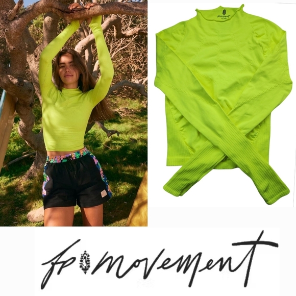 Free People Movement M/L Good Karma High-Neck Top Highlighter NWOT Athleisure - Picture 1 of 12